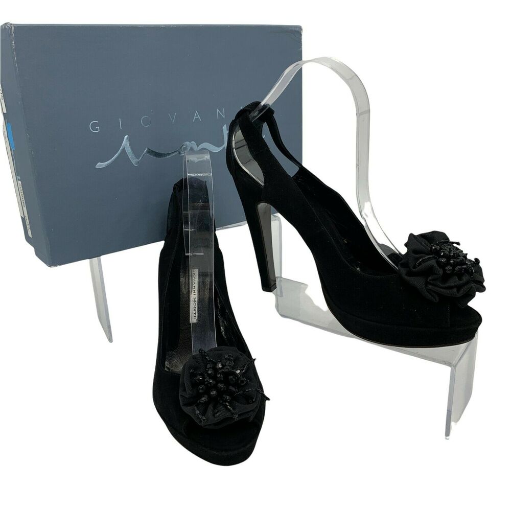 Giovanni Monte Pumps Women's Size 40 Black Camoscio Nero Flower Bow Heels New